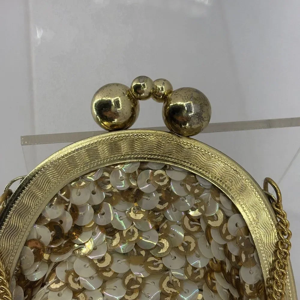 Vintage 1950s Sequin Evening Bag Gold-Iridescent White Metal‎ Frame Purse